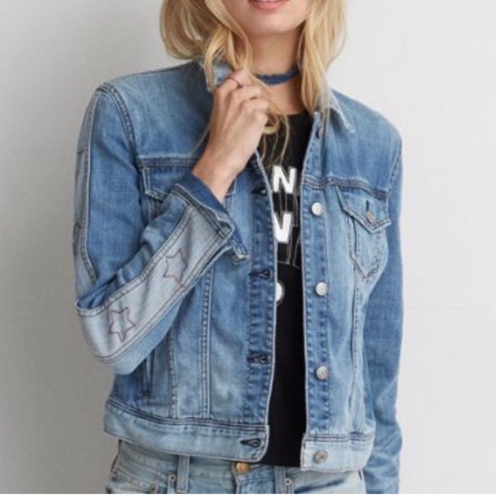 American Eagle Denim Jacket With Embroidered Slee… - image 1